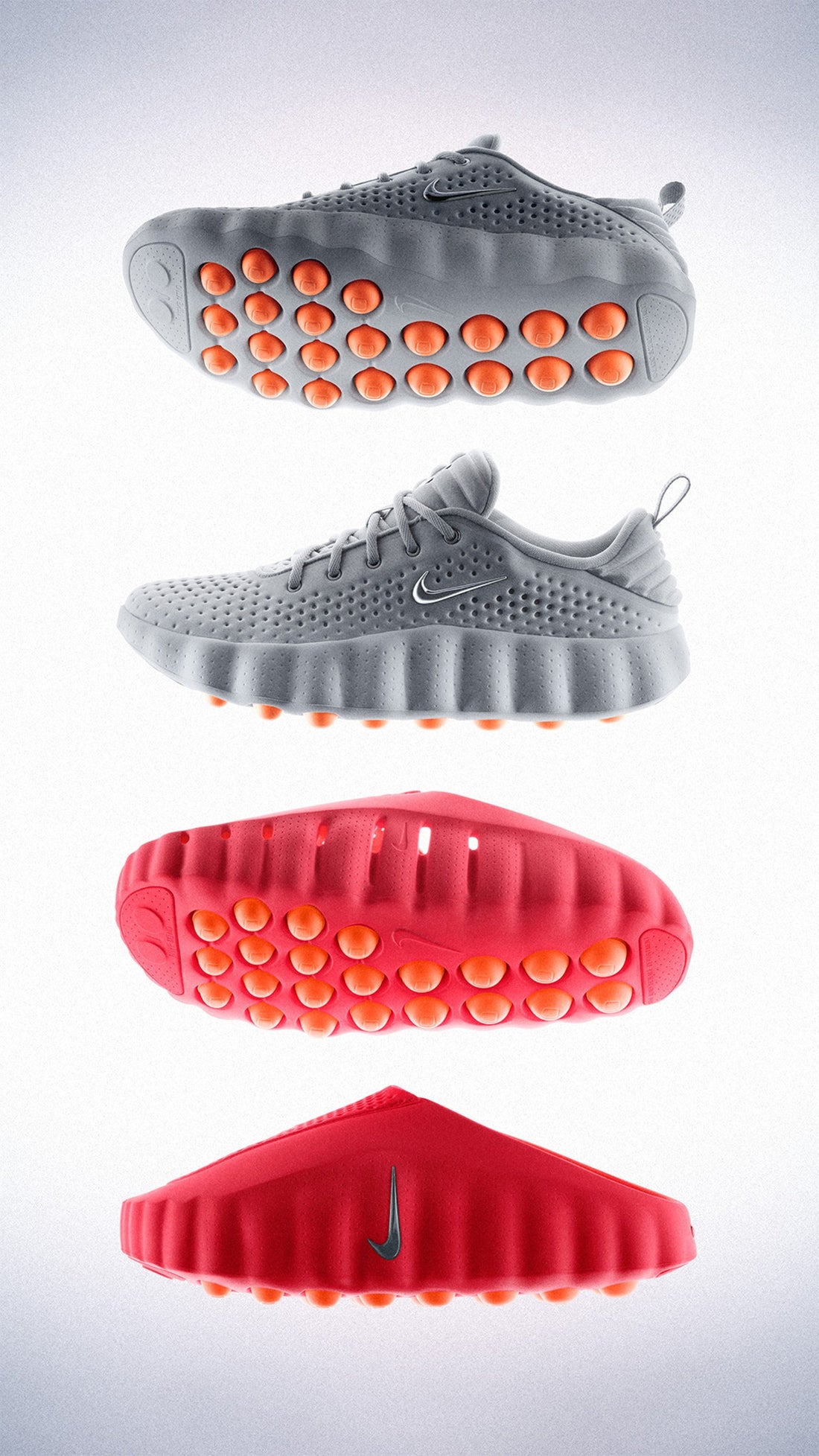 Zapatillas Nike Mind 001 con tecnología de nodos de espuma en la suela, color gris y rojo.