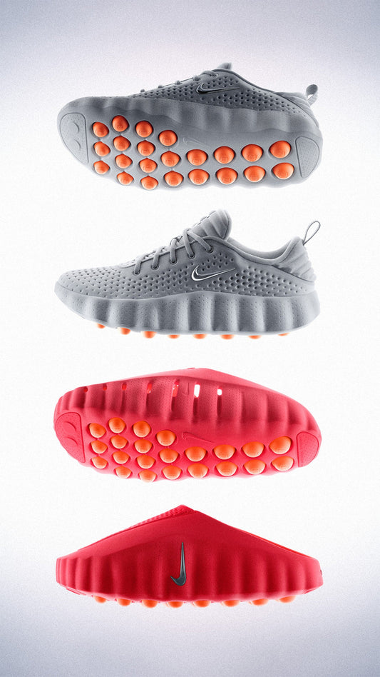 Zapatillas Nike Mind 001 con tecnología de nodos de espuma en la suela, color gris y rojo.